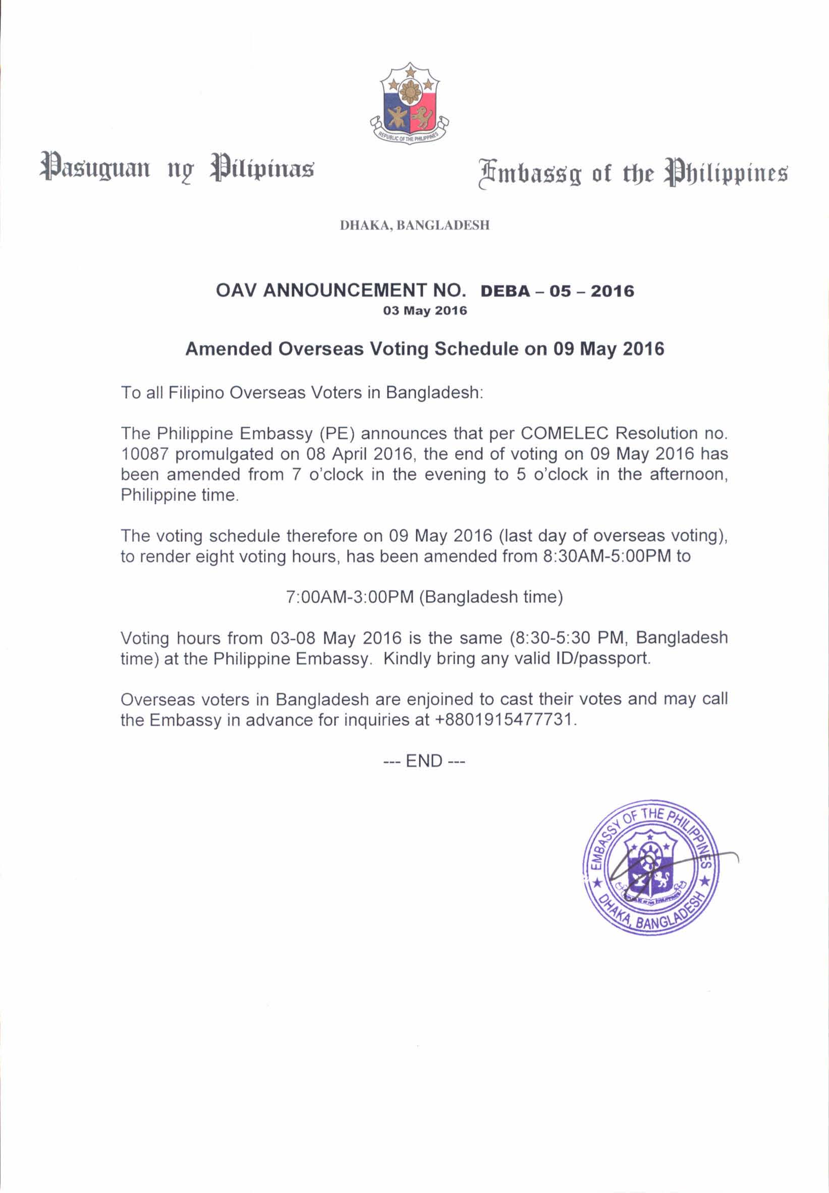 Amended Overseas Voting Schedule on 09 May 2016