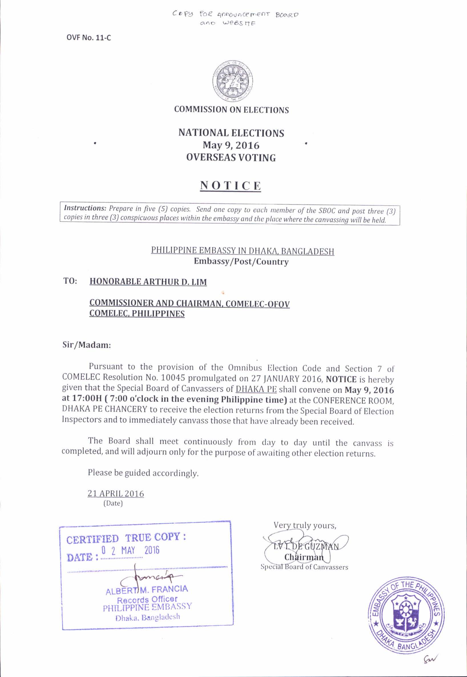 Notice of Canvassing