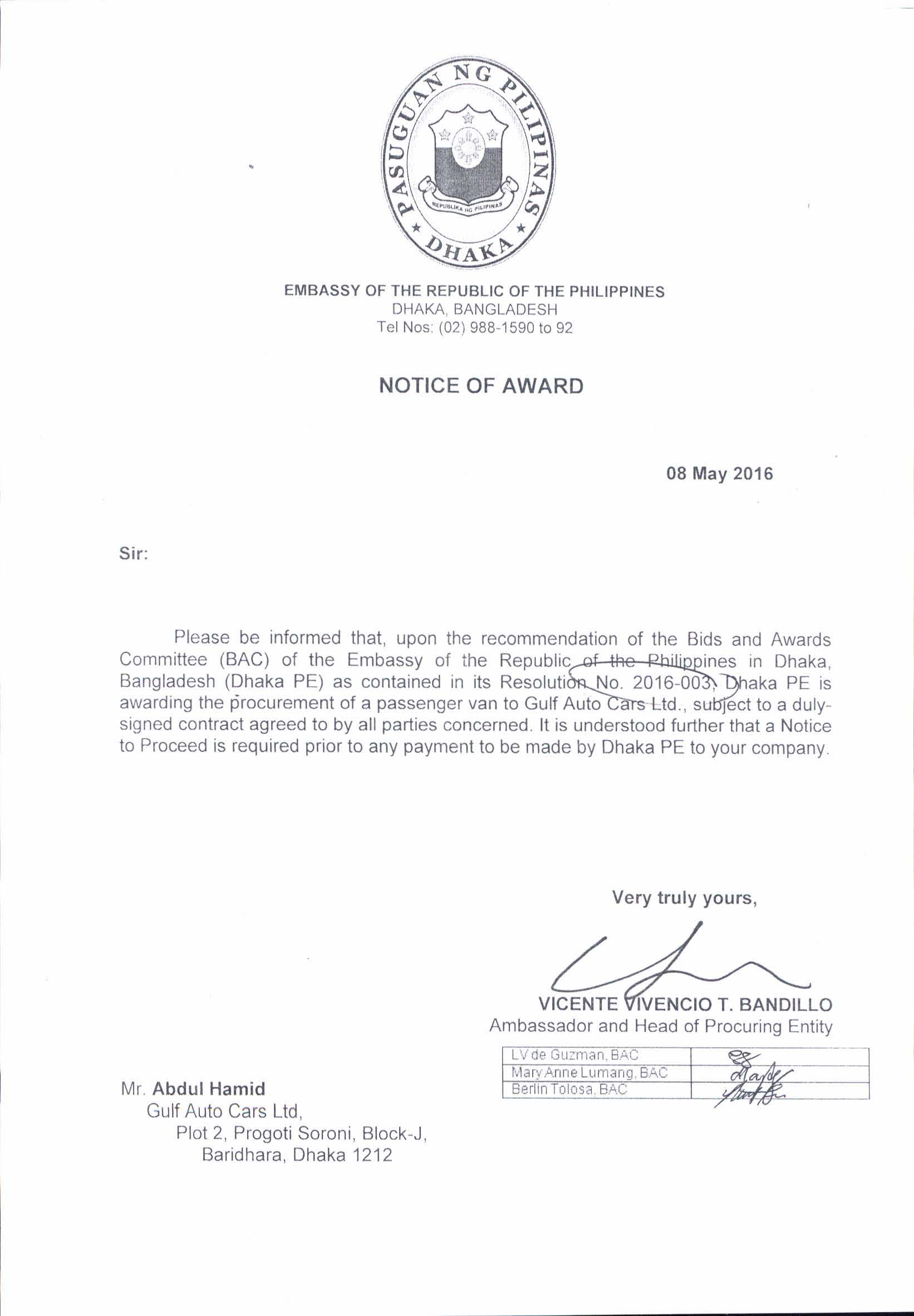 Notice of Award