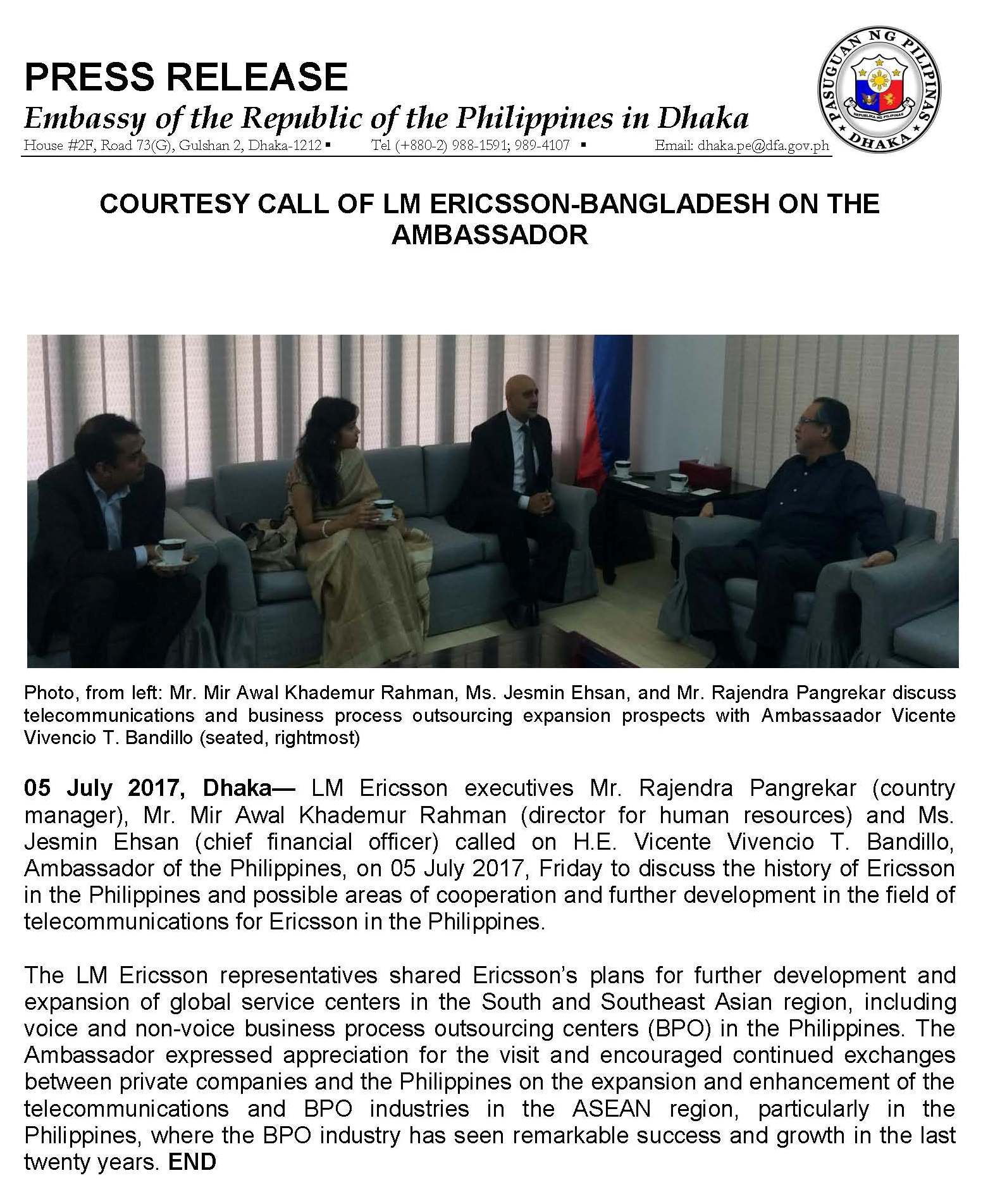 Courtesy Call of LM Ericsson Bangladesh on the Philippine Ambassador