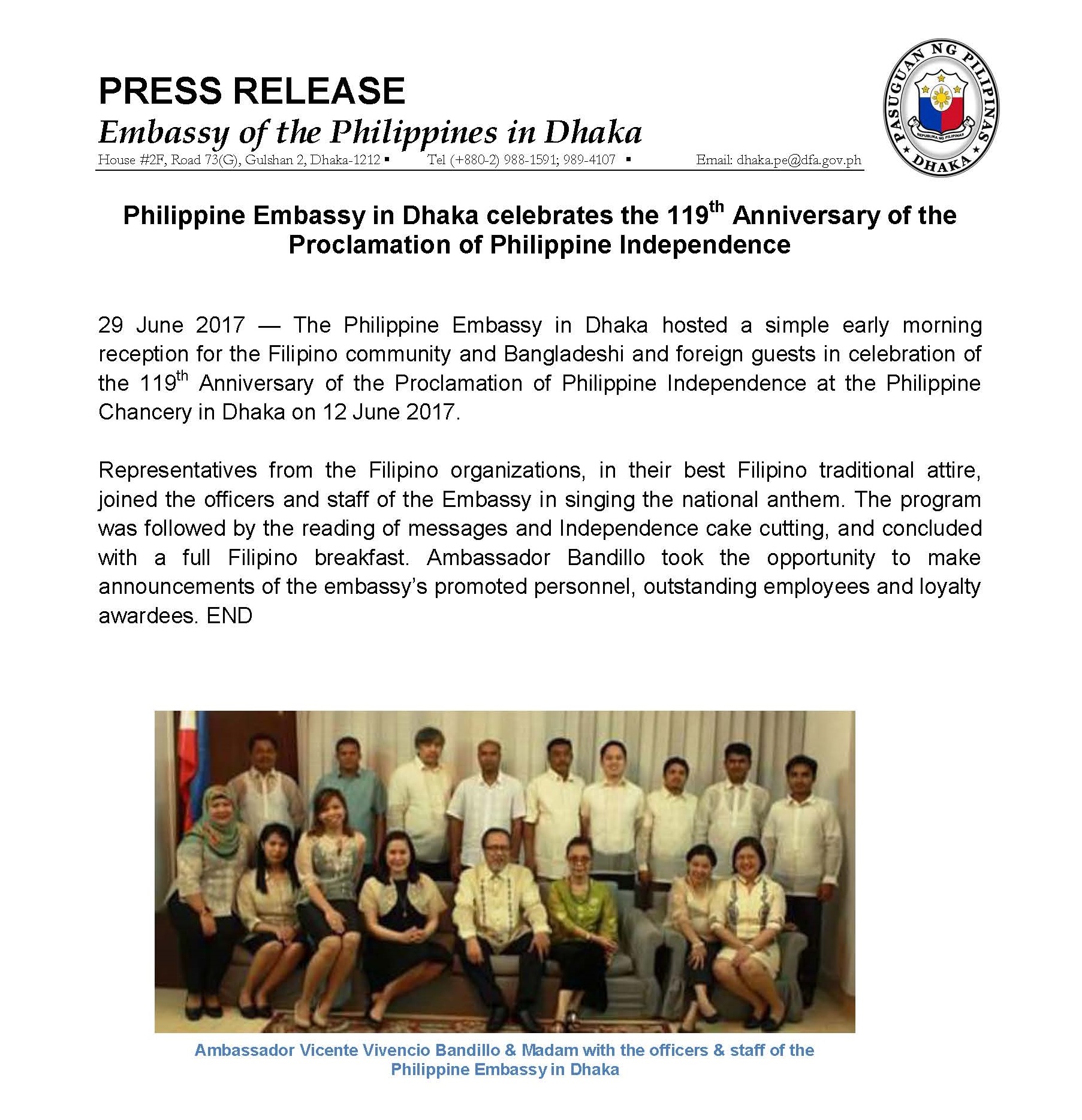 Dhaka PE Celebrates 119th Philippine Independence Day Page 1A