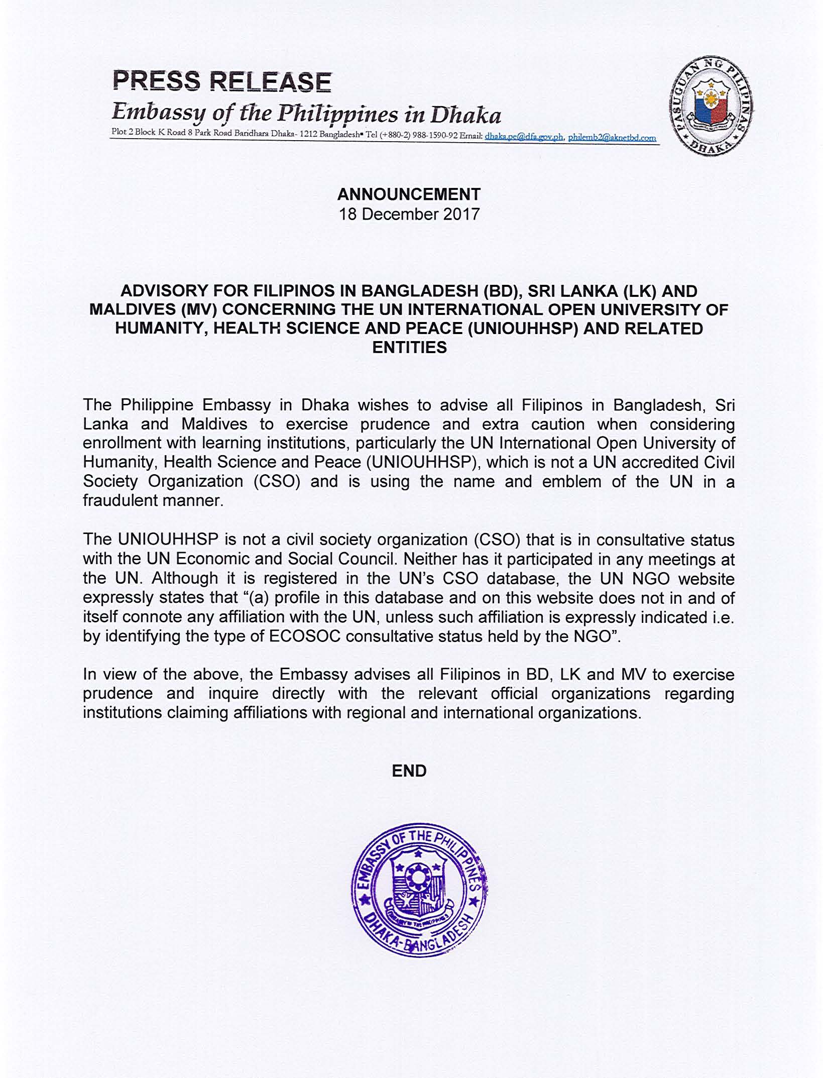 Advisory for Filipinos in Bangladesh BD Sri Lanka SL and Maldives MV Concerning the UN International Open University of Humanity Health Science and Peace UNIOUHHSP and related entities