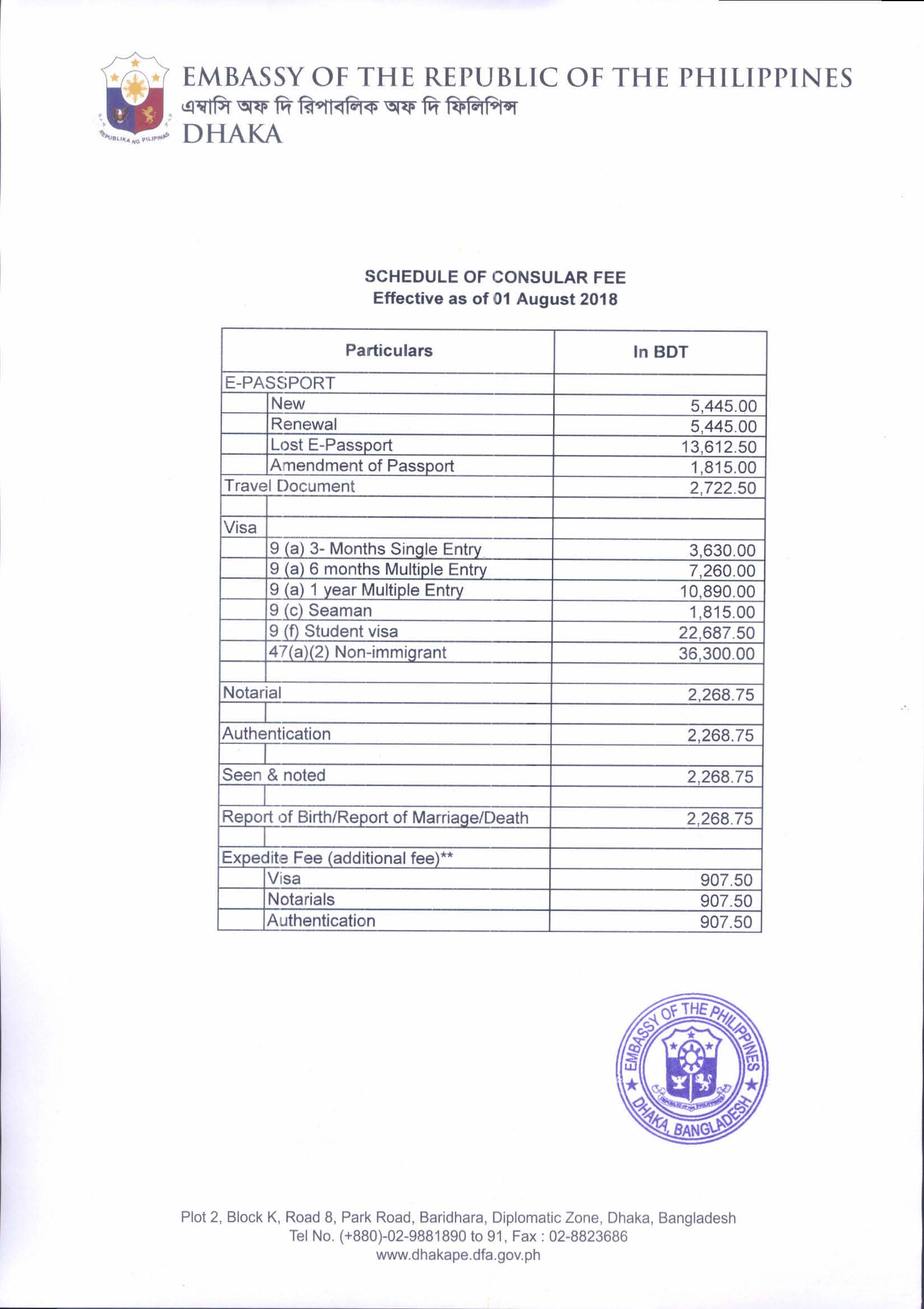 New Schedule of Fees