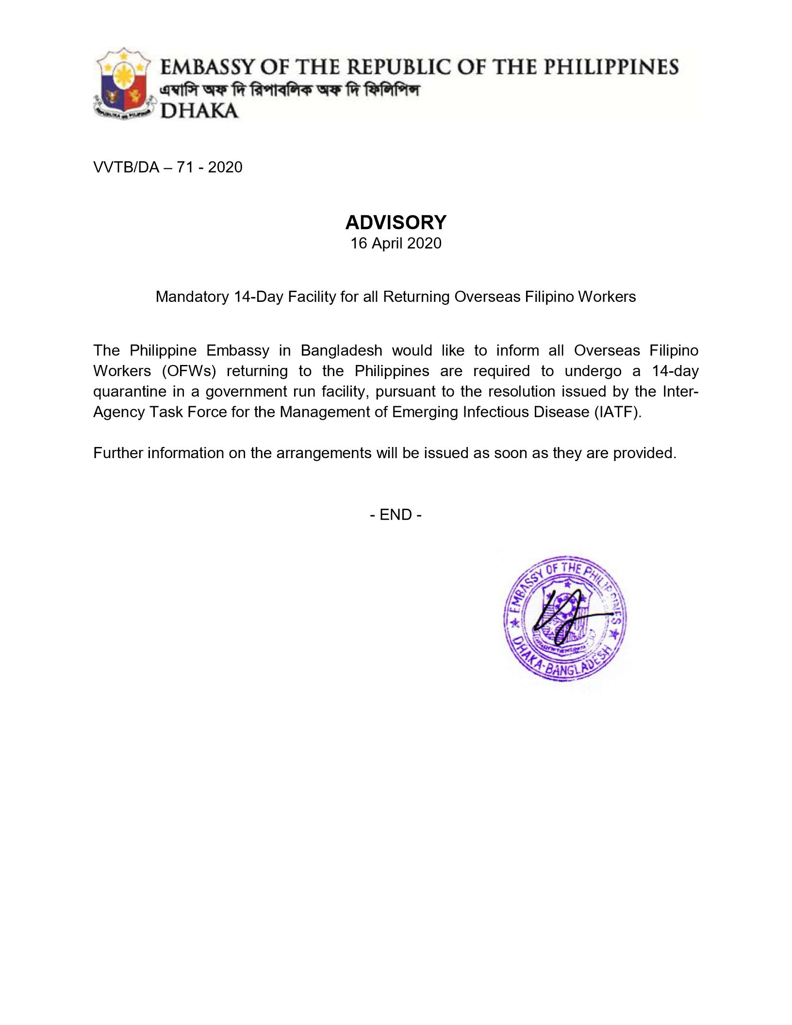 ADVISORY Mandatory 14 Day Facility Quarantine for all Returning OFW