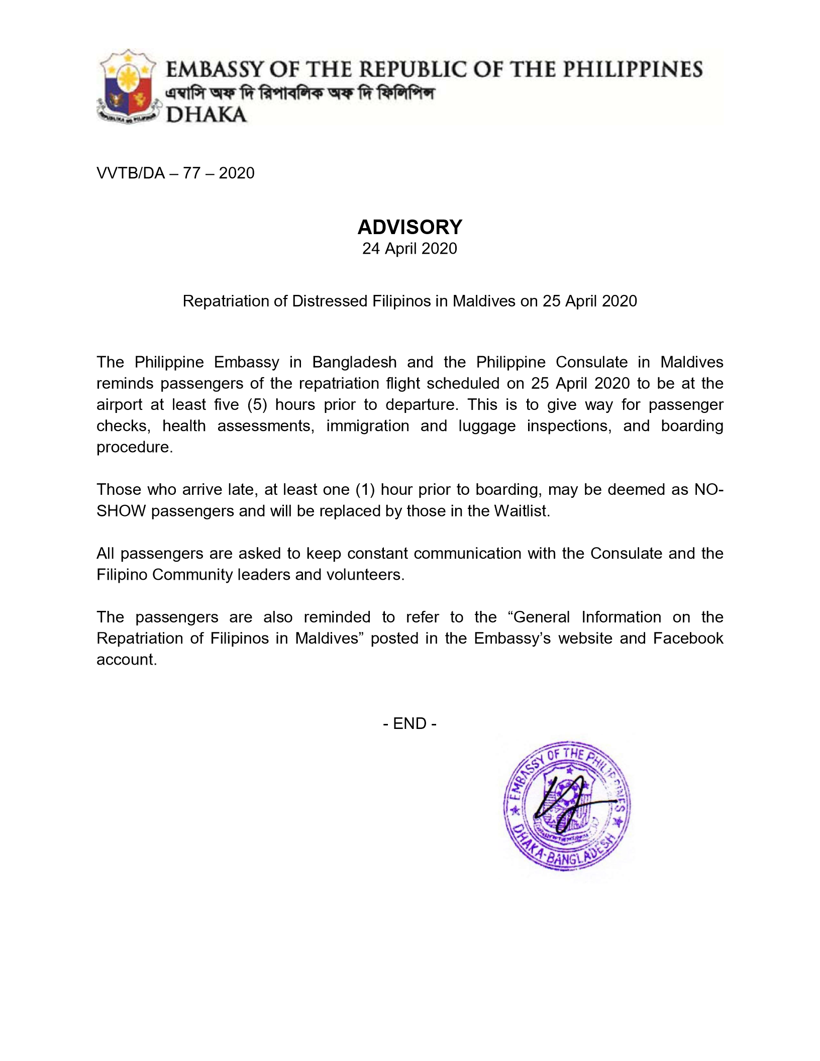 ADVISORY Repatriation of Distressed Fils in MV on 25 Apr 2020