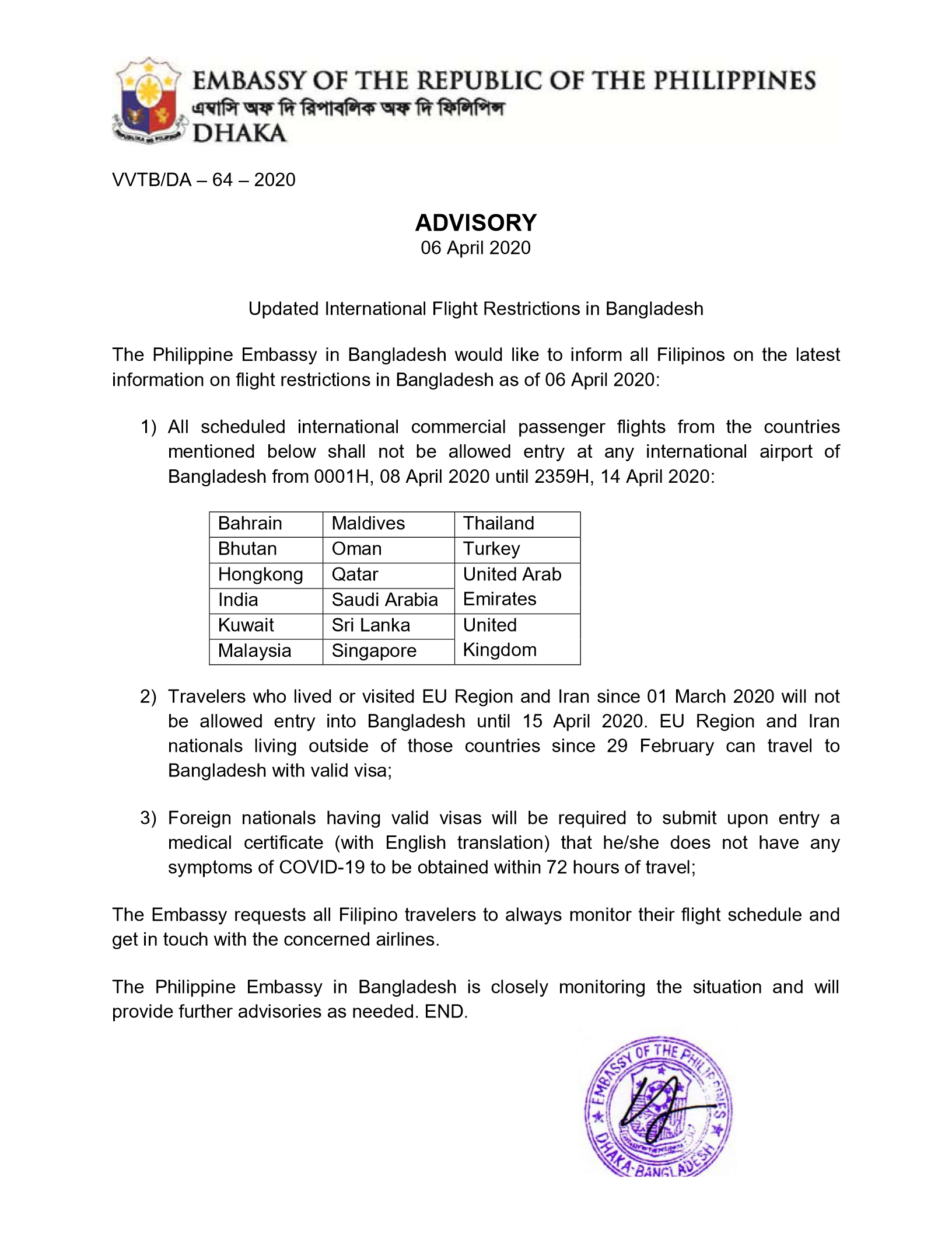 ADVISORY Updated International Flights in BD