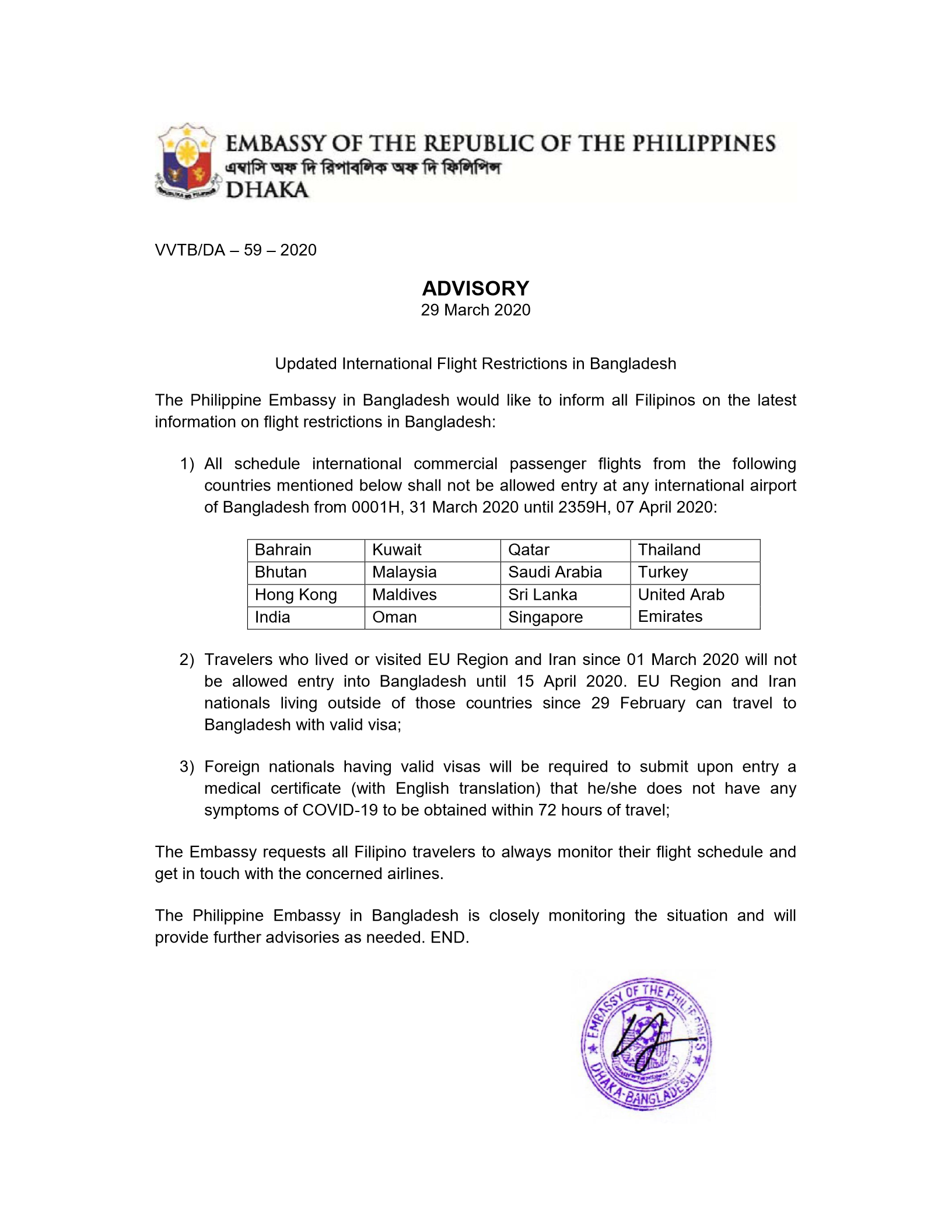 ADVISORY Updated International Flights in Bangladesh