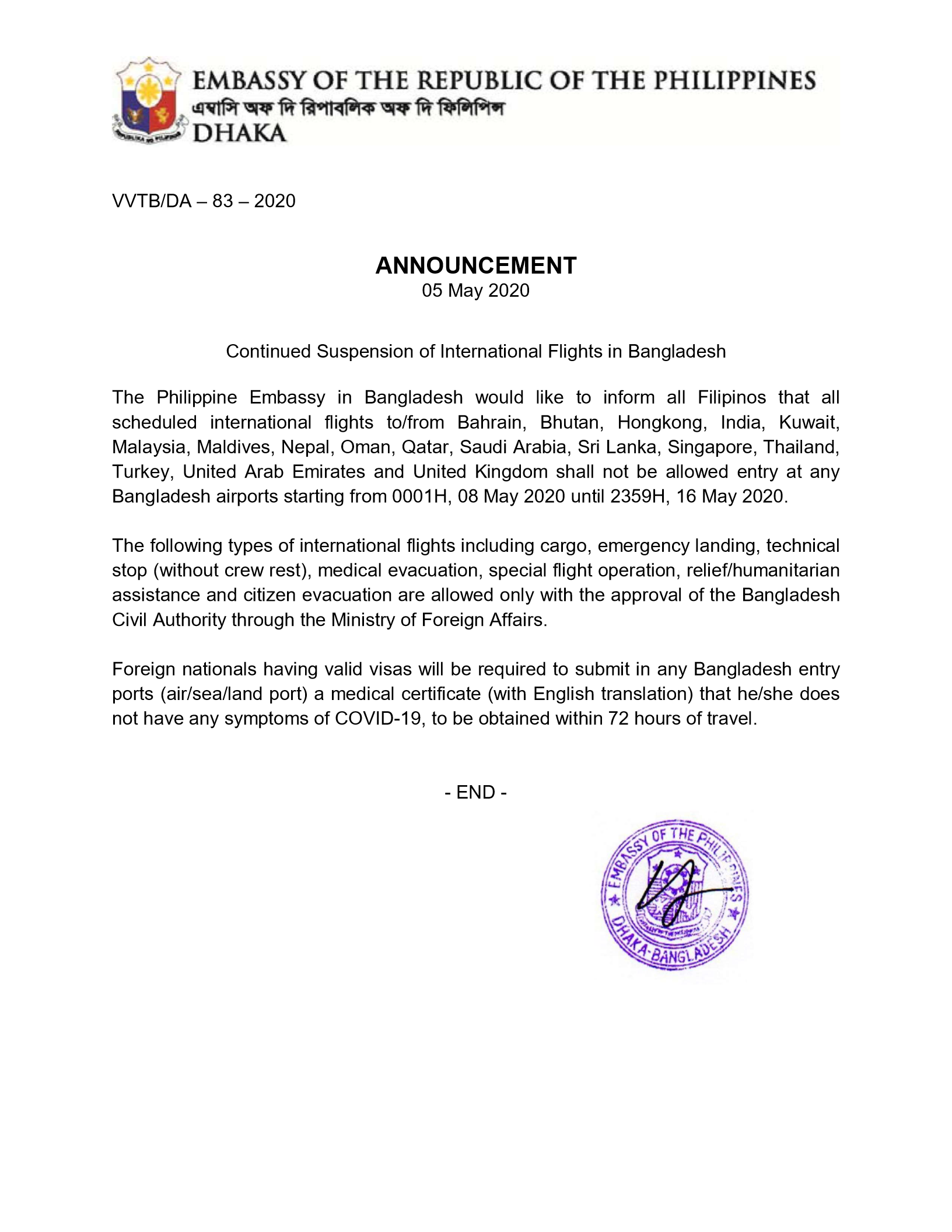 ANNOUNCEMENT Continued Suspension of Intl Flts in BD