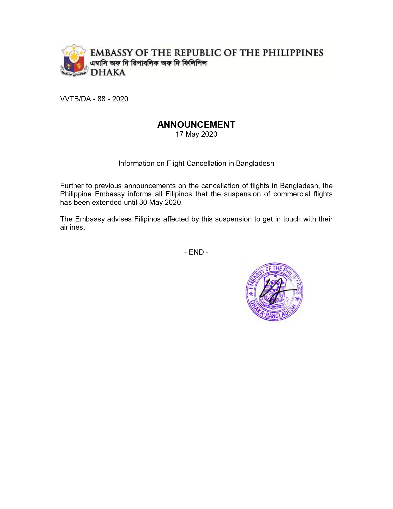 ANNOUNCEMENT Information on Flight Cancellation in BD