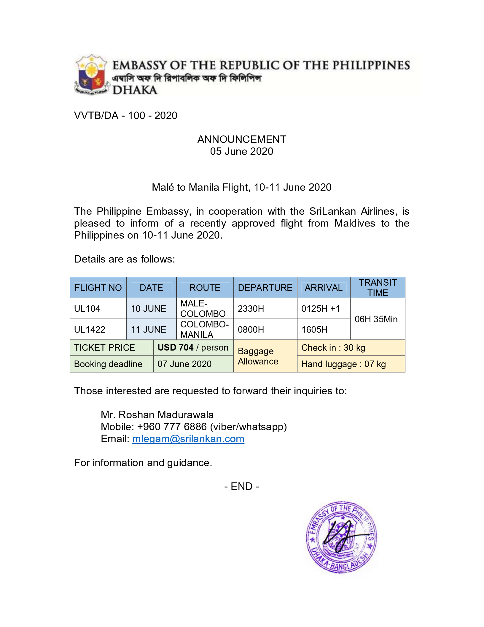 ANNOUNCEMENT Male to Mla Flight 10 11 June 2020