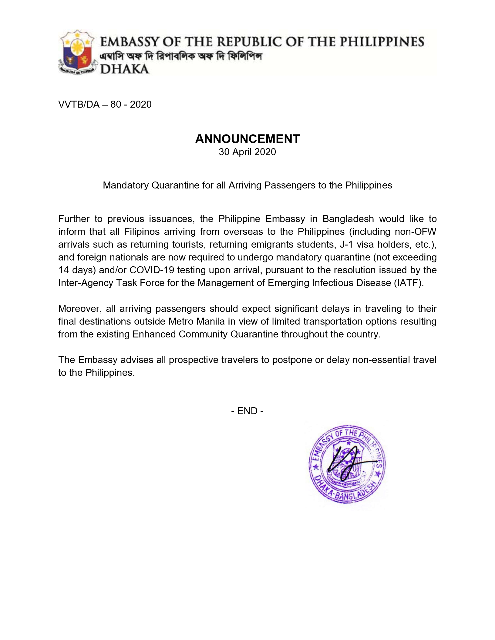 ANNOUNCEMENT Mandatory Quarantine for all Arriving Passengers to the PH