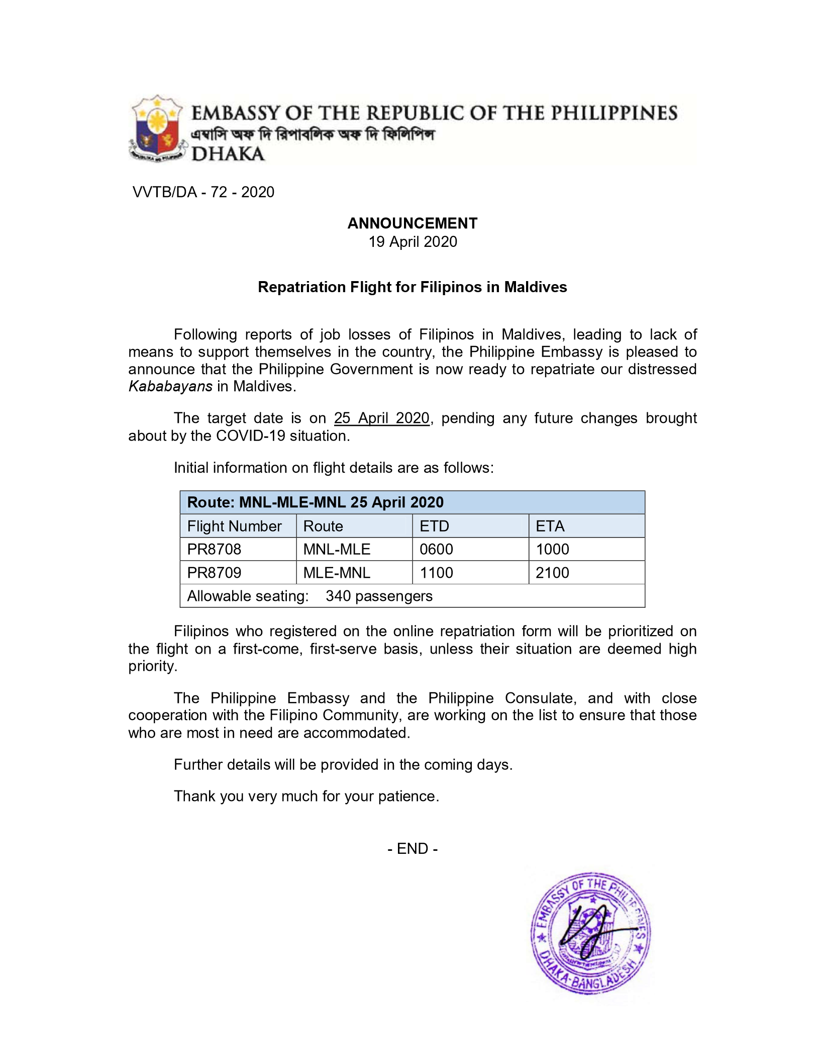 ANNOUNCEMENT Repatriation Flight for Fils. in MV