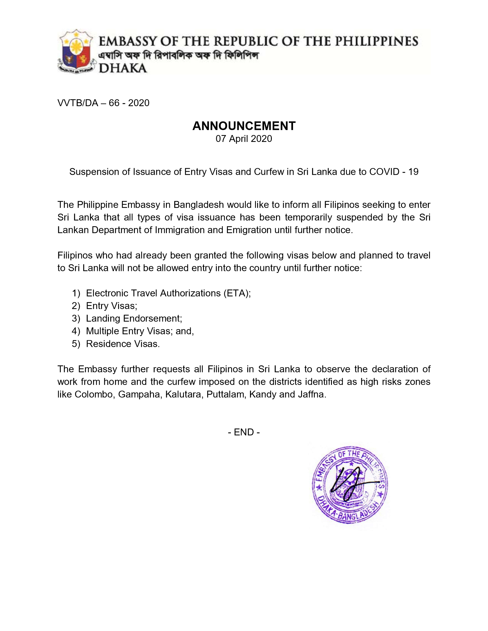 ANNOUNCEMENT Suspension of Entry Visas Curfew in Sri Lanka due to COVID 19