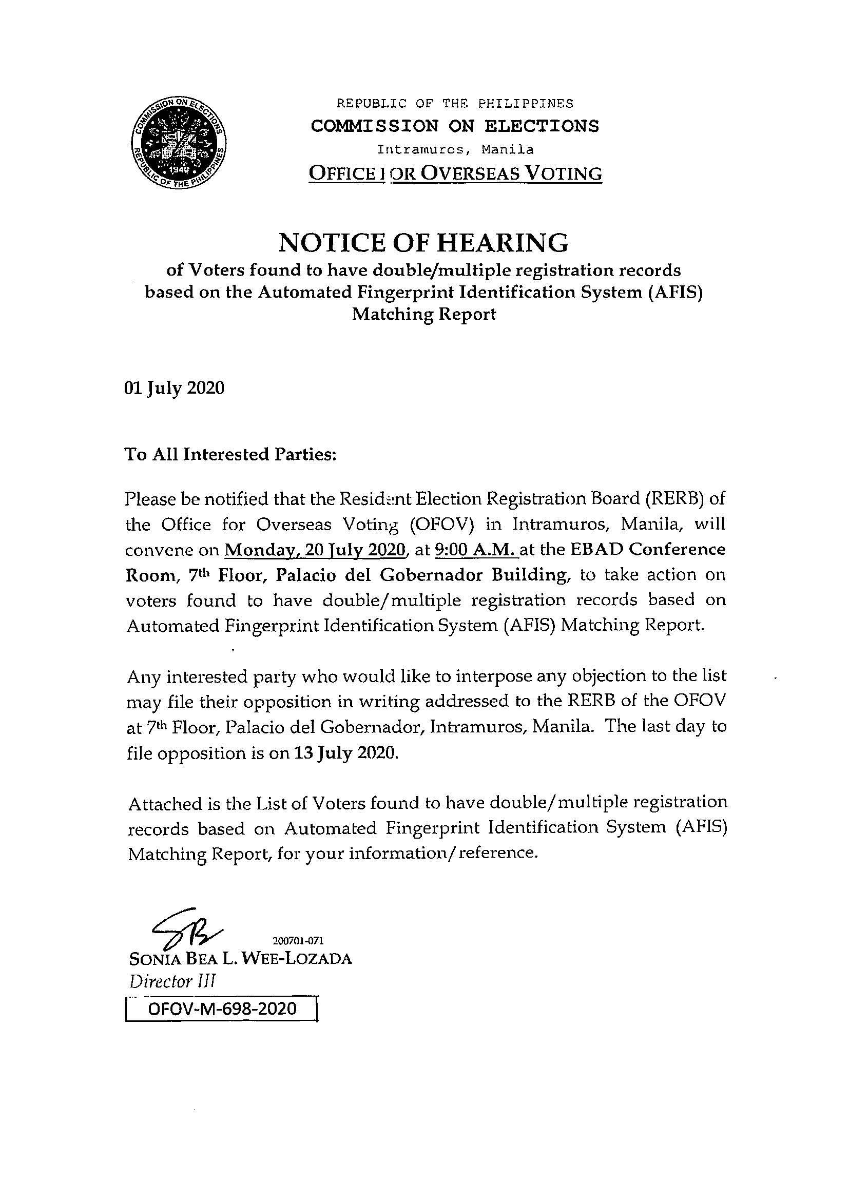 Notice of Hearing AFIS matching report Page 2