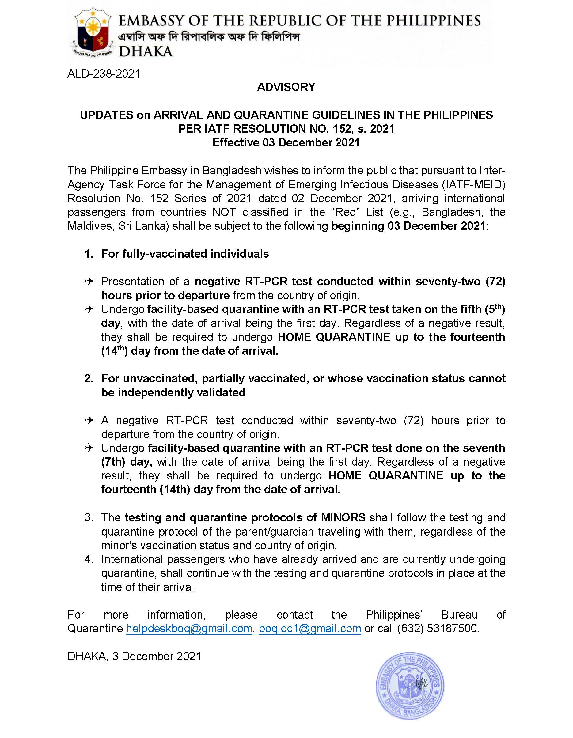 ALD 238 2021 Updated travel and quarantine protocols IATF Reso No. 152