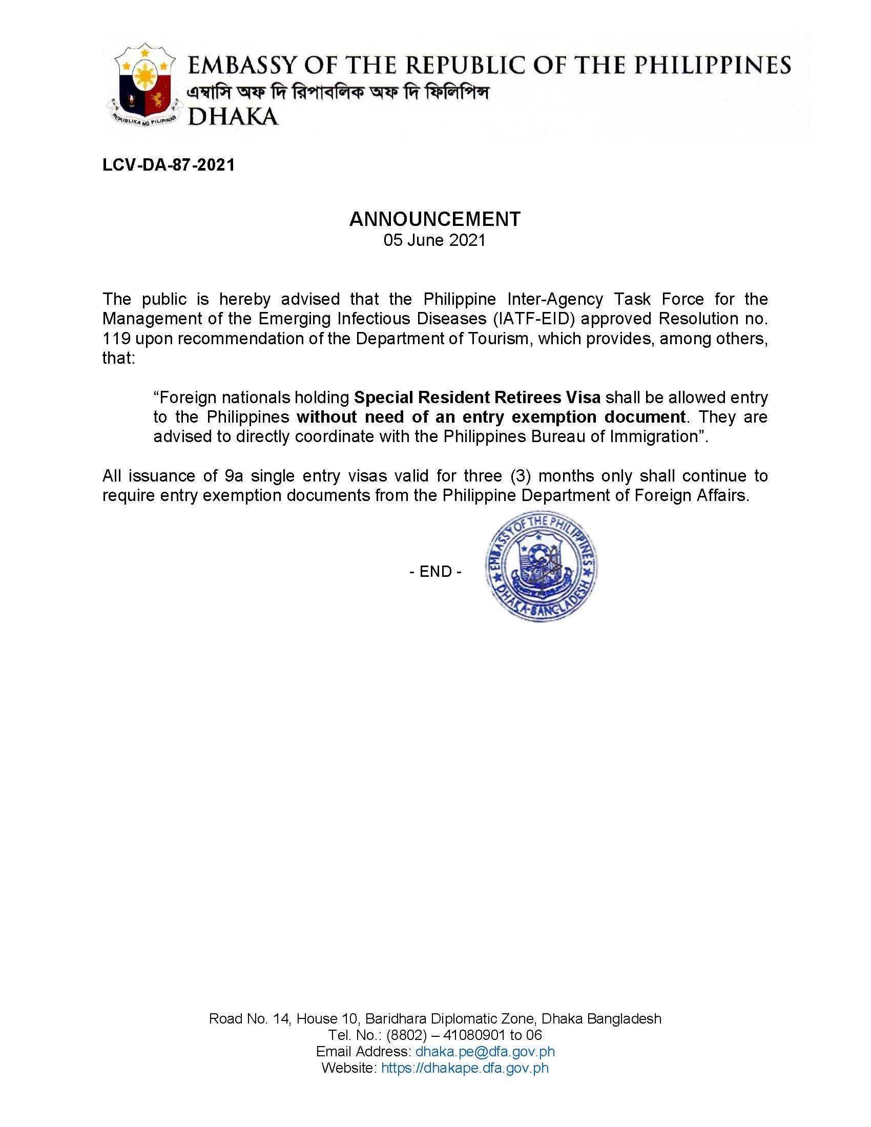 ANNOUNCEMENT Updates on PH Entry of Foreign Natl SRRVs holders LCV DA 87 2021 