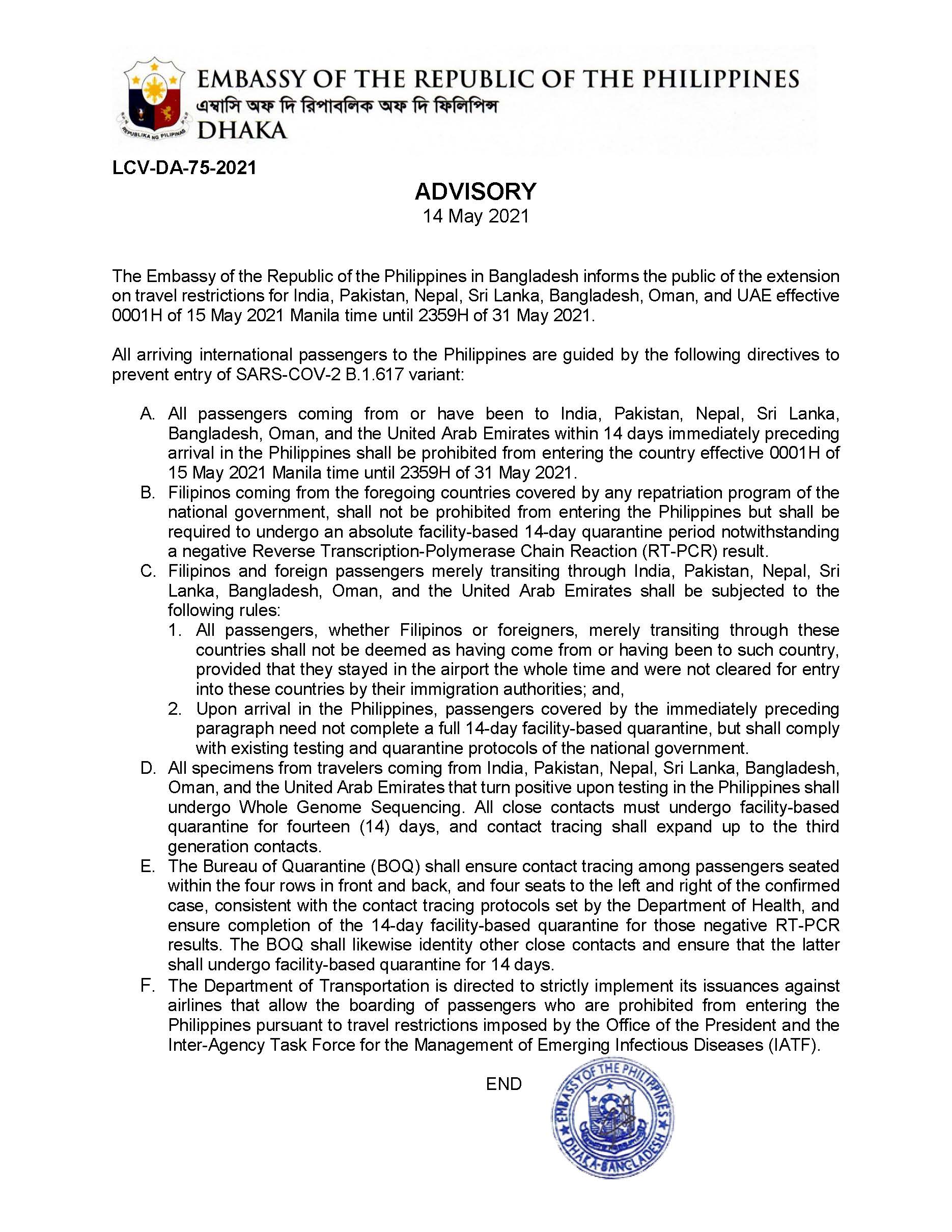 Extension of Travel Restrictions in the PH til 31 May 2021 LCV DA 75 2021