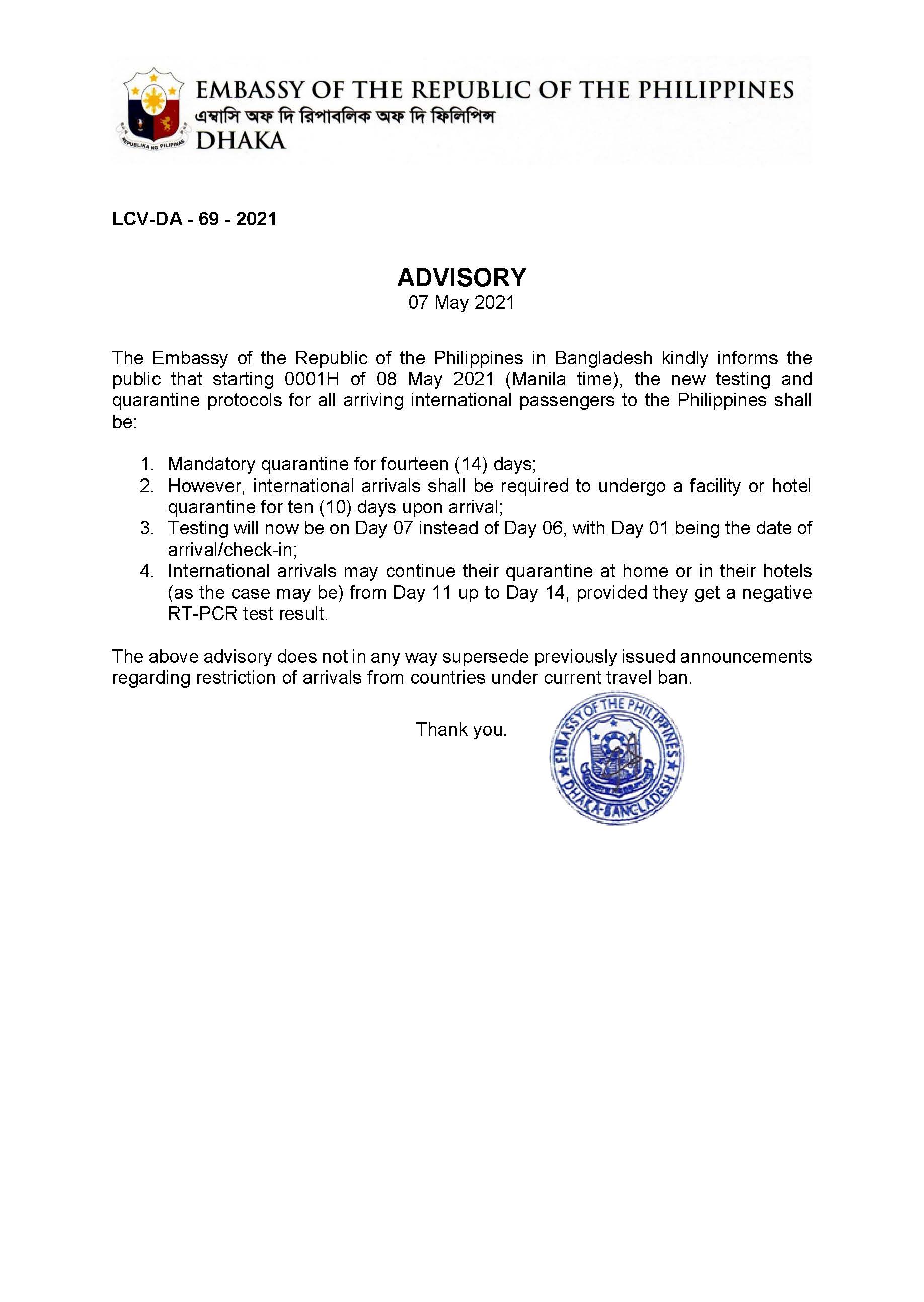 LCV DA 69 2021 Advisory Mandatory quarantine protocols in PH