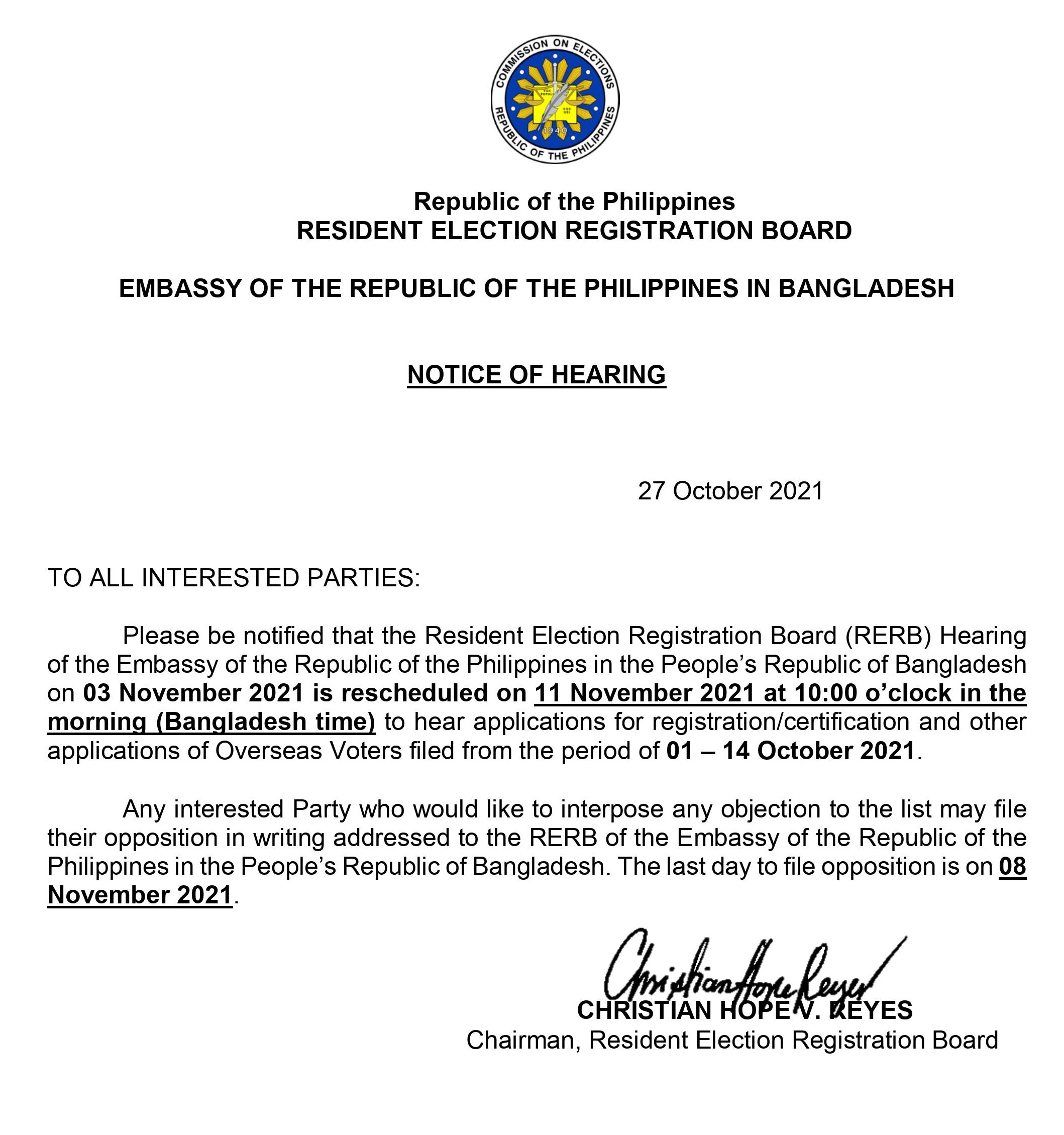 Revised Notice of Hearing 11 November 2021