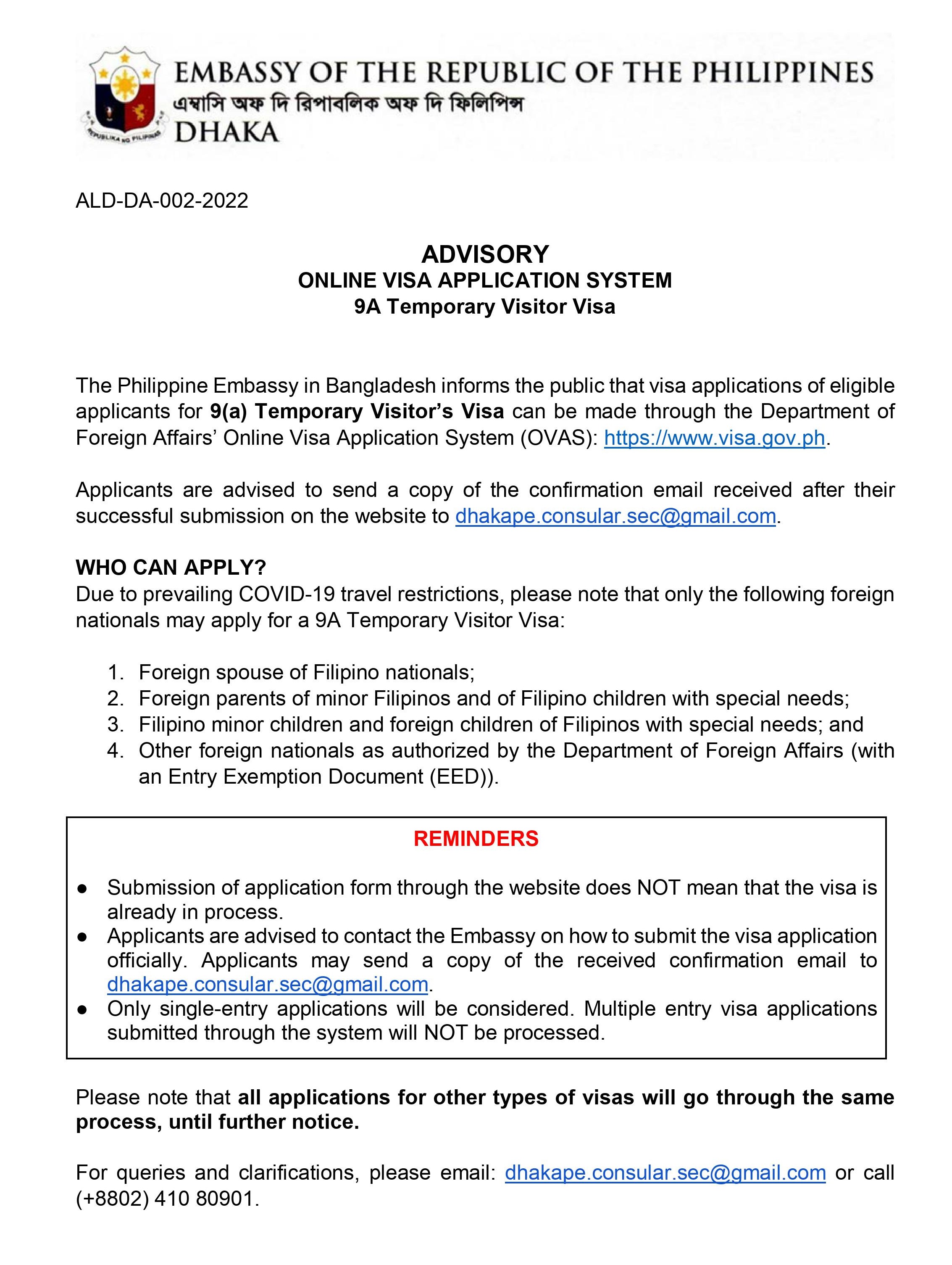 ALD DA 002 2022 Copy of ADVISORY ONLINE VISA APPLICATION