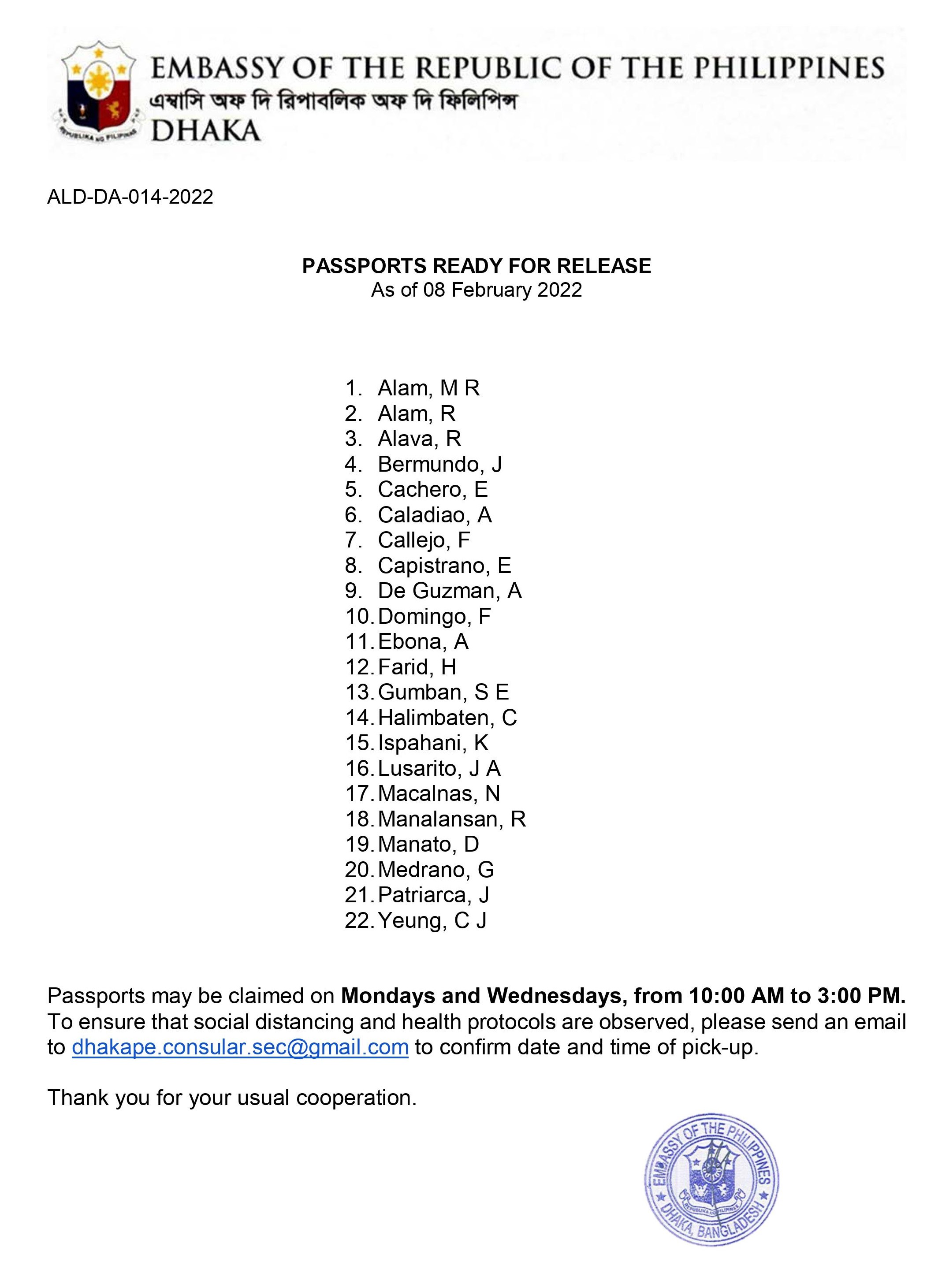 ALD DA 014 2022 PASSPORTS READY FOR RELEASE as of 07 February 2022 FOR POSTING