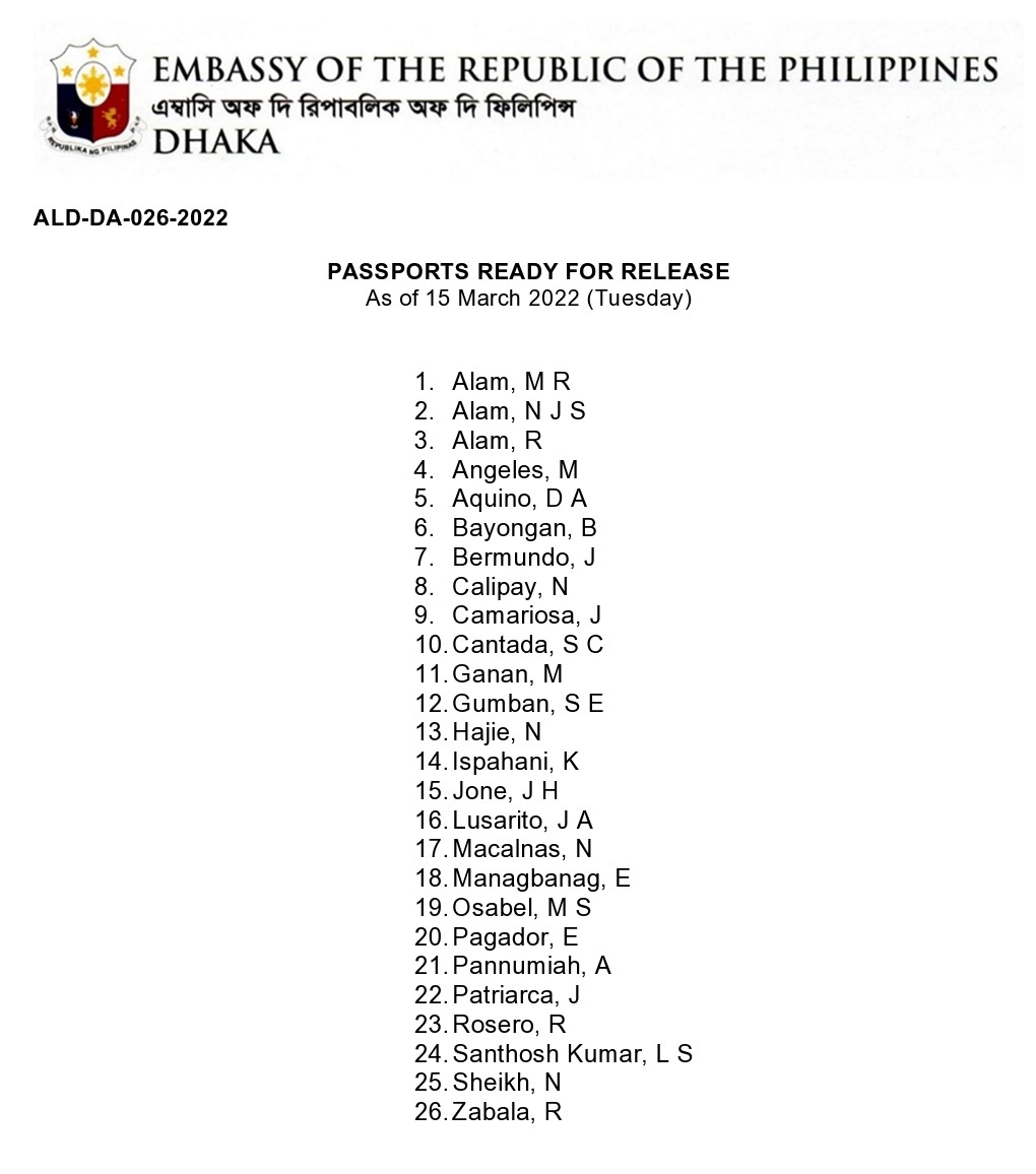 ALD DA 026 2022 PASSPORTS READY FOR RELEASE as of 15 March 2022 FOR POSTING