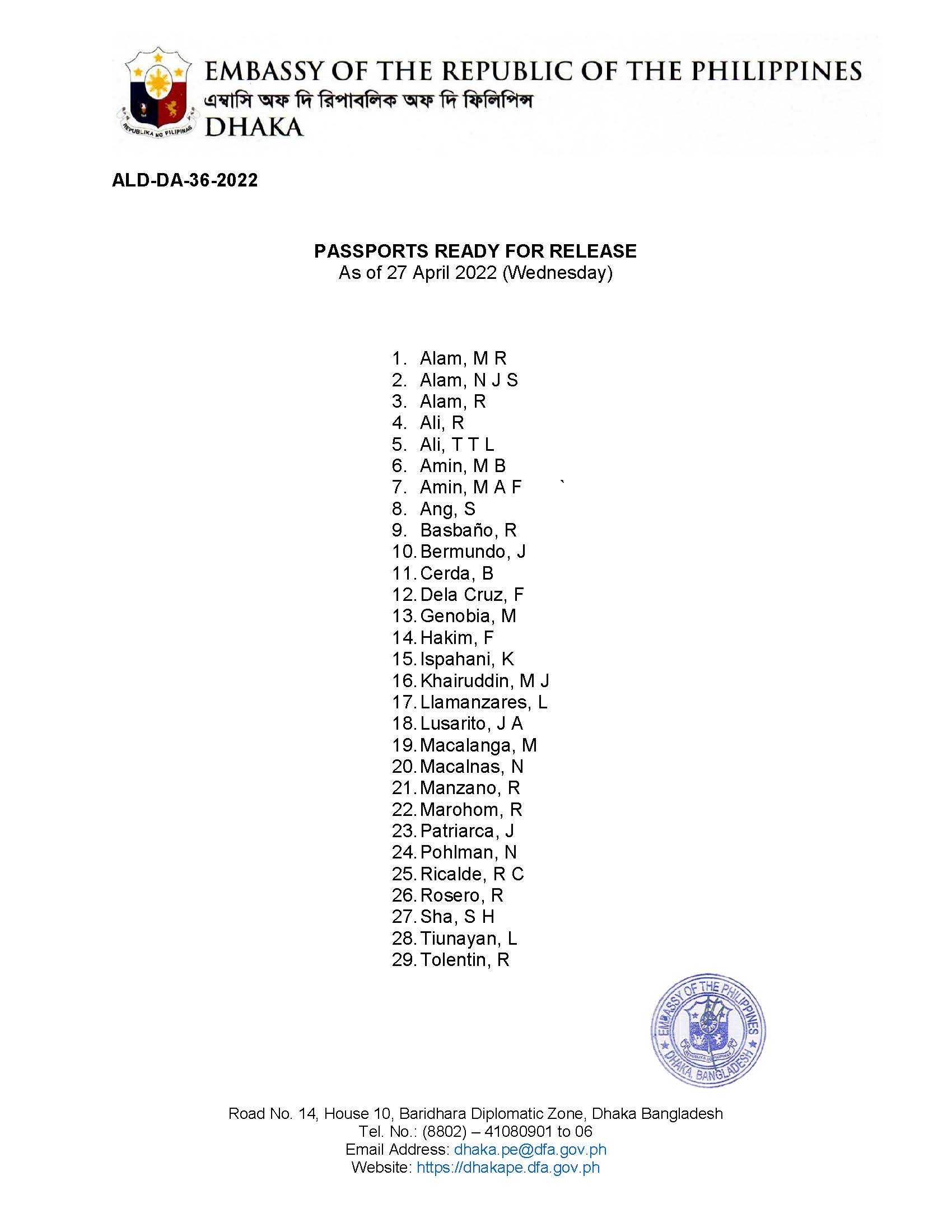 ALD DA 36 2022 Passports Ready for Release