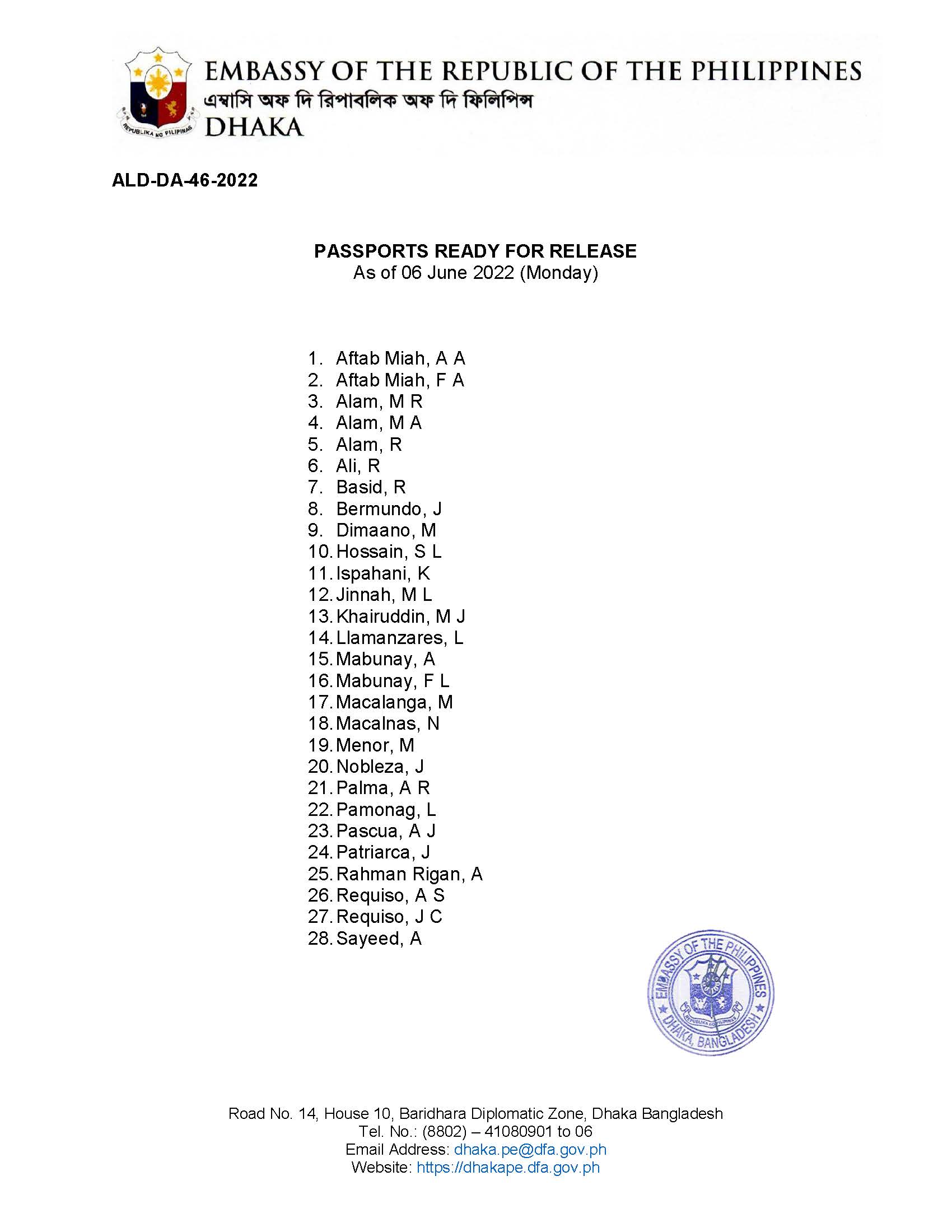 ALD DA 46 2022 PASSPORTS READY FOR RELEASE as of 06 June 2022