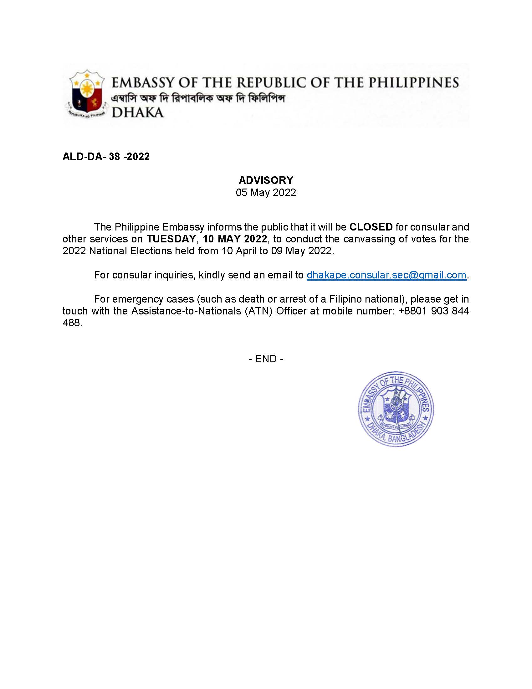 ALD DA 38 2022 Advisory Canvassing of votes on 10 May 2022
