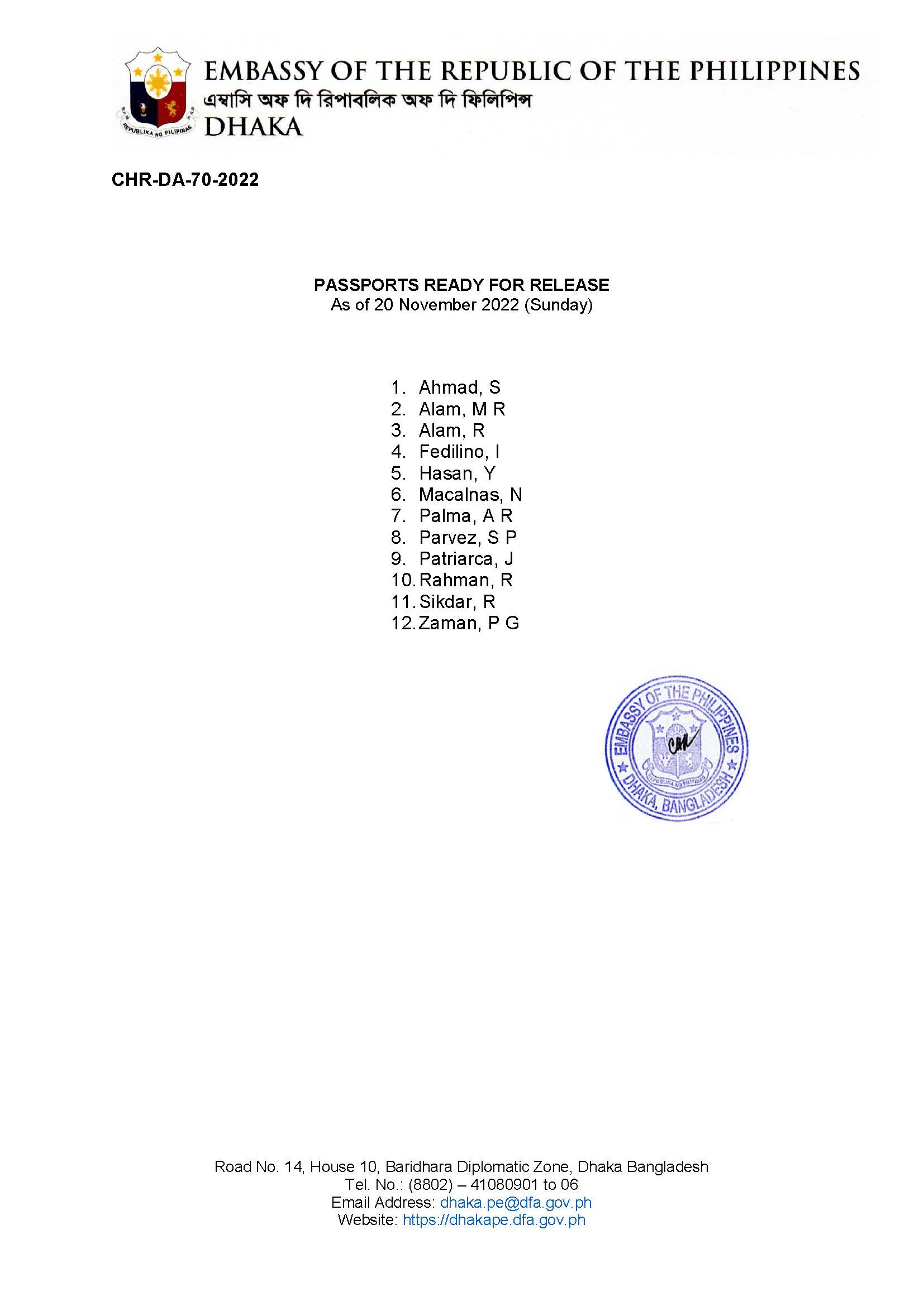 CHR DA 70 2022 Passports Ready for Release as of 20 November 2022