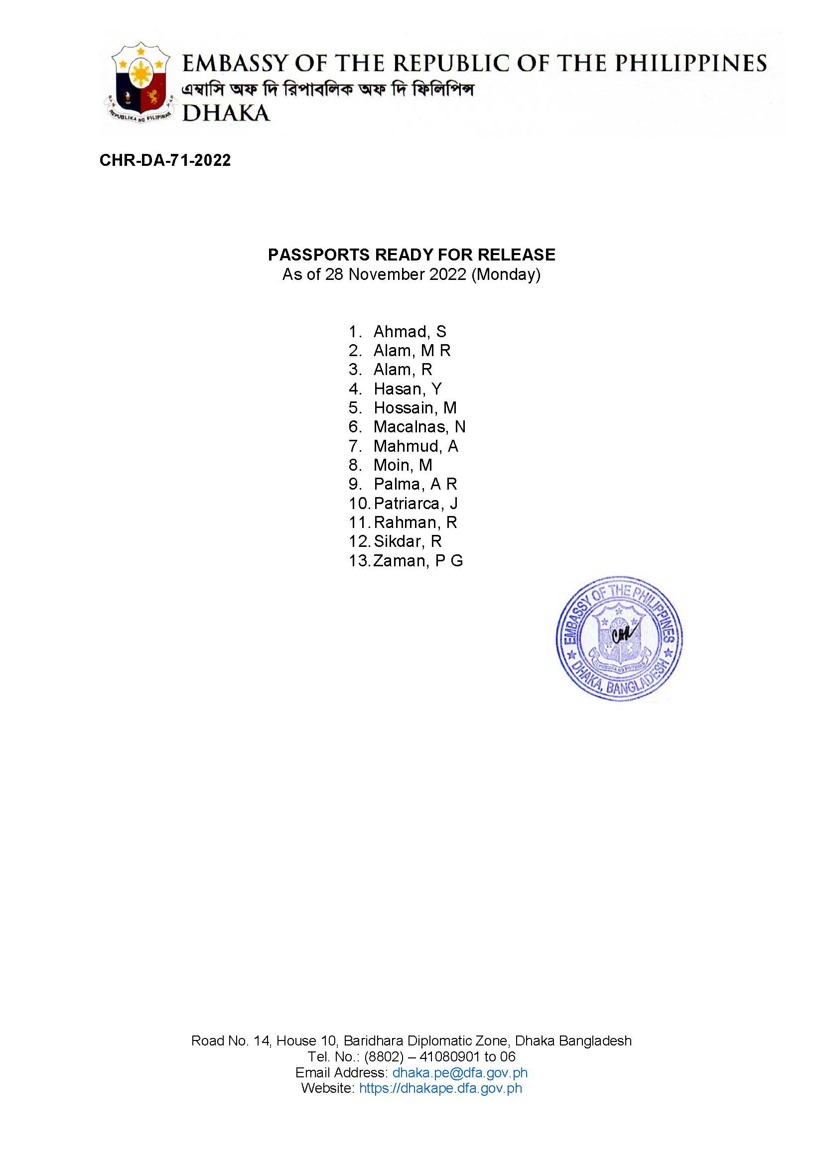 CHR DA 71 2022 Passports Ready for Release as of 28 November 2022