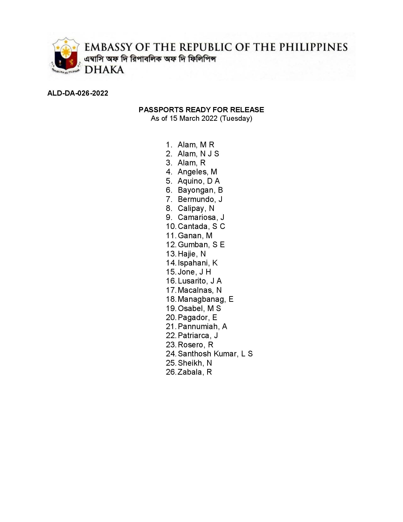 ALD DA 026 2022 PASSPORTS READY FOR RELEASE as of 15 March 2022 FOR POSTING